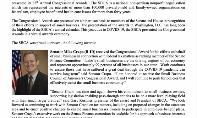 SMALL BUSINESS COUNCIL OF AMERICA HONORS MEMBERS OF CONGRESS DURING 38TH ANNUAL CONGRESSIONAL AWARDS