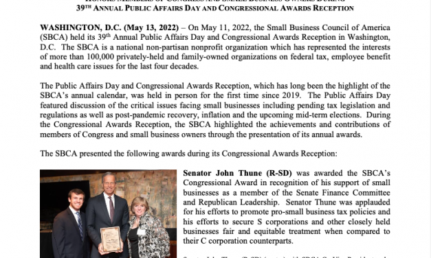 SBCA HONORS MEMBERS OF CONGRESS AND SMALL BUSINESS OWNERS DURING 39TH ANNUAL PUBLIC AFFAIRS DAY AND CONGRESSIONAL AWARDS RECEPTION