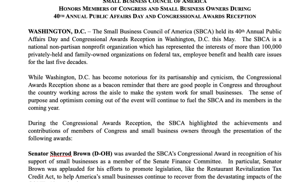 Small Business Council of America  Honors Members of Congress and Small Business Owners During 40th Annual Public Affairs Day and Congressional Awards Reception