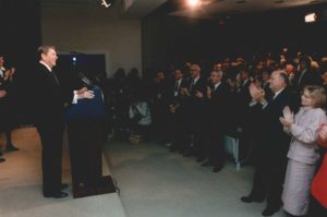 Ronald Regan Addressing Small Business Group Paula Calimafde in front row